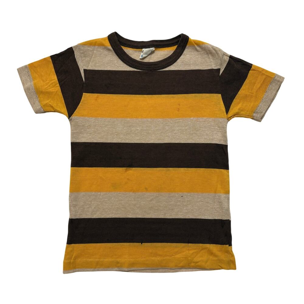 VTG 60’s 70’s Groovy Striped Short Sleeve Baby Tee Women’s S Brown Yellow Beige